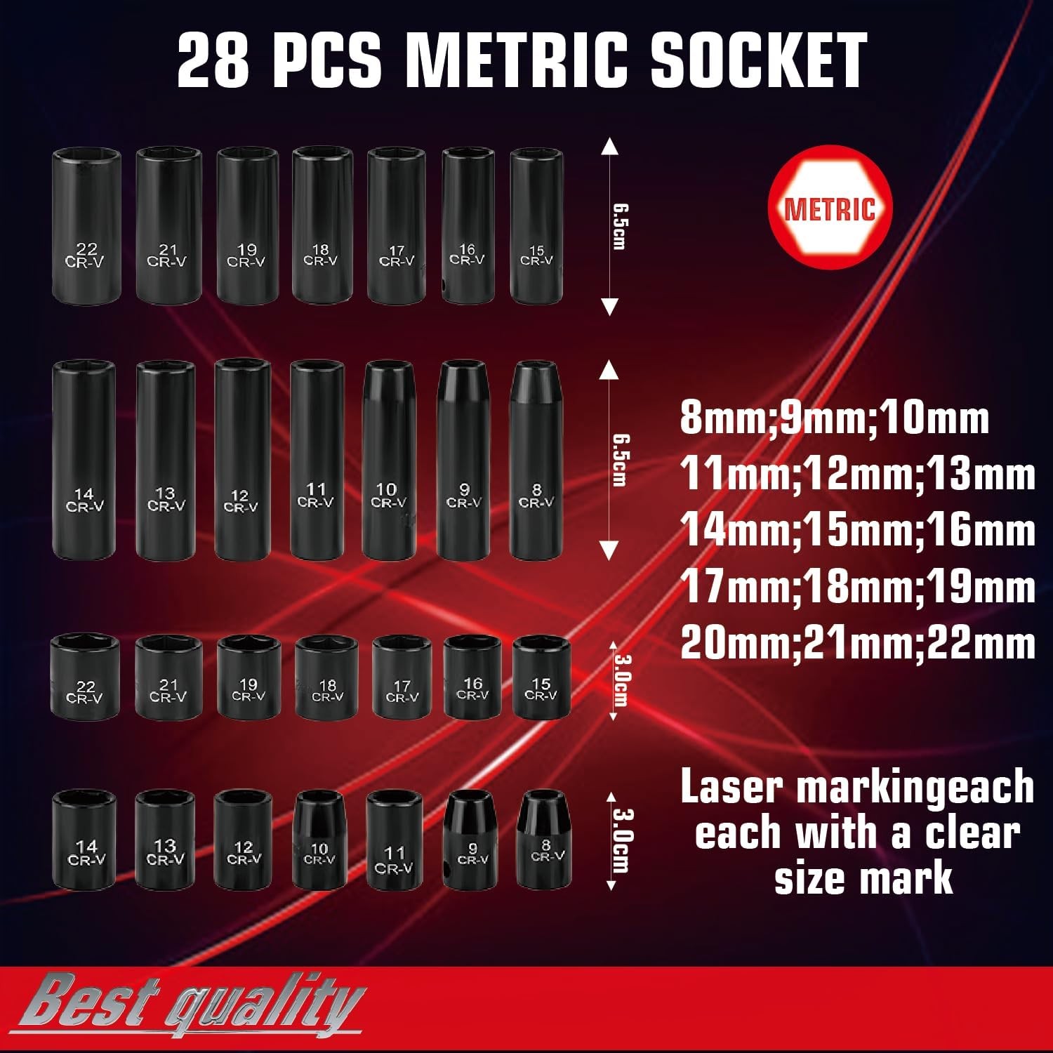 3/8″ Drive Impact Socket Set 50-Piece, SAE (5/16-3/4) & Metric (8-22mm), Deep &