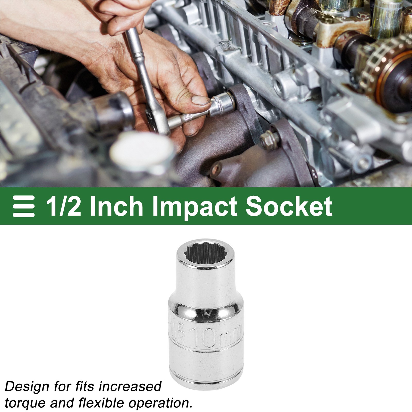 Universal 1/2 Inch Drive Impact Socket 10mm 12 Point Chrome Vanadium Steel 1 Pc