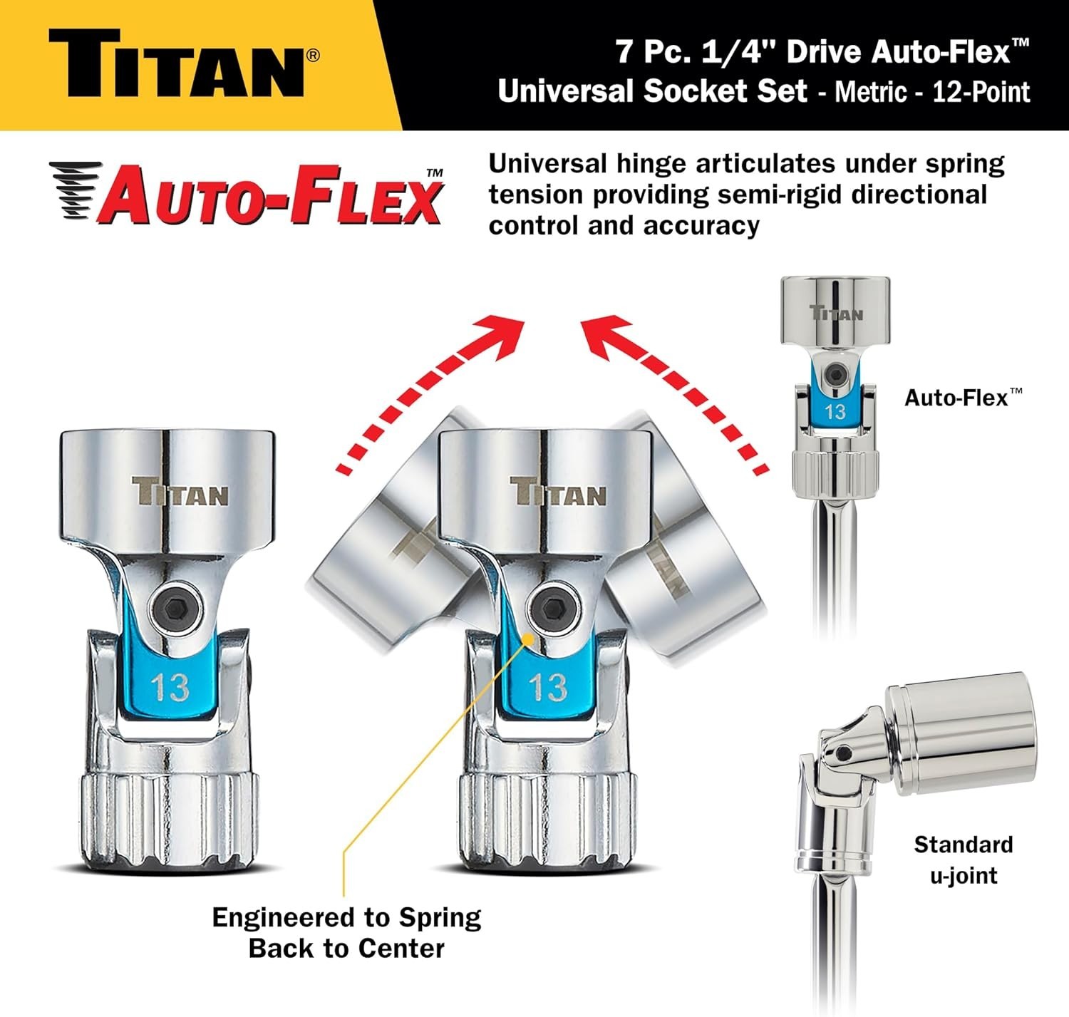 Titan 66840 7-Piece 1/4-Inch Drive Metric Auto Flex Universal Socket Set, 12-Pt