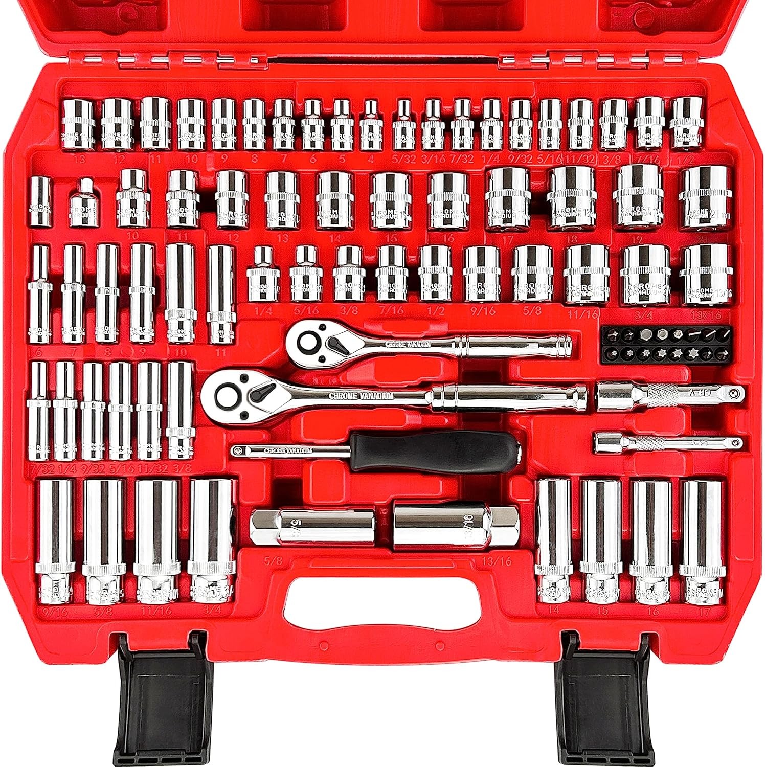 86pcs 1/4″ and 3/8” Drive Impact Socket Set with Adapters 6-Point SAE/Metric