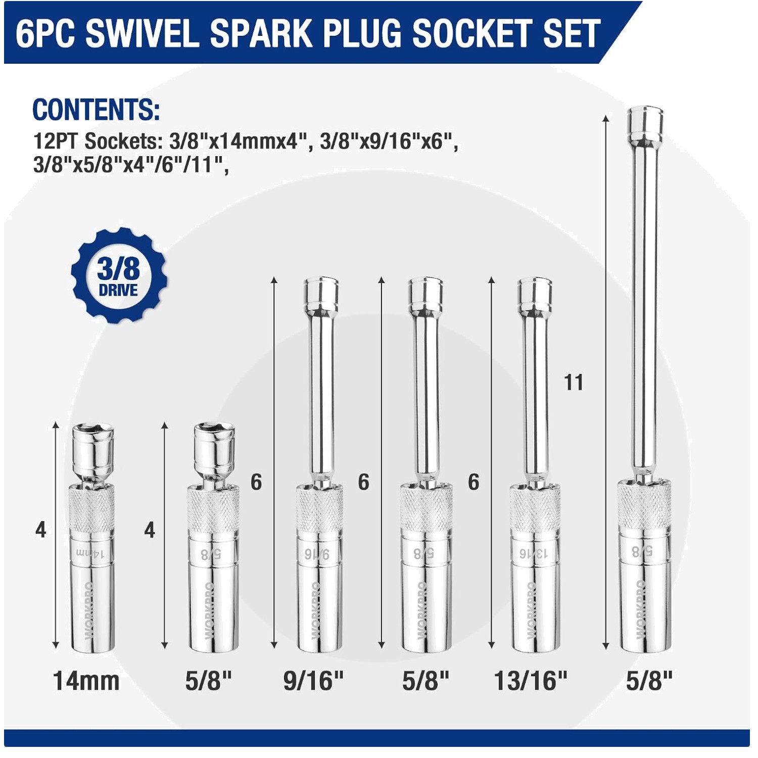 Universal Fit 6pc Spark Plug Socket Kit, 3/8″ Drive