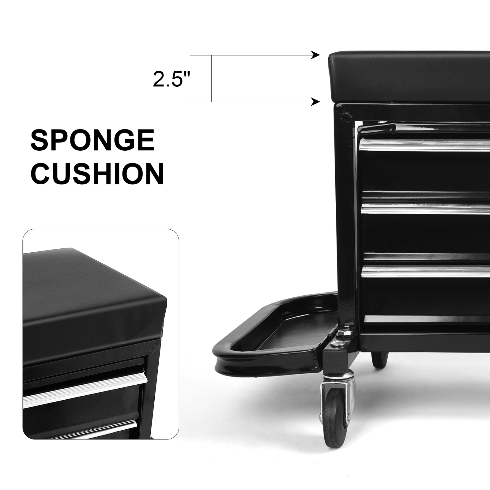 Mechanics Roller Work Seat w/ 3-Drawer Tool Box Storage Tray Padded Stool Black