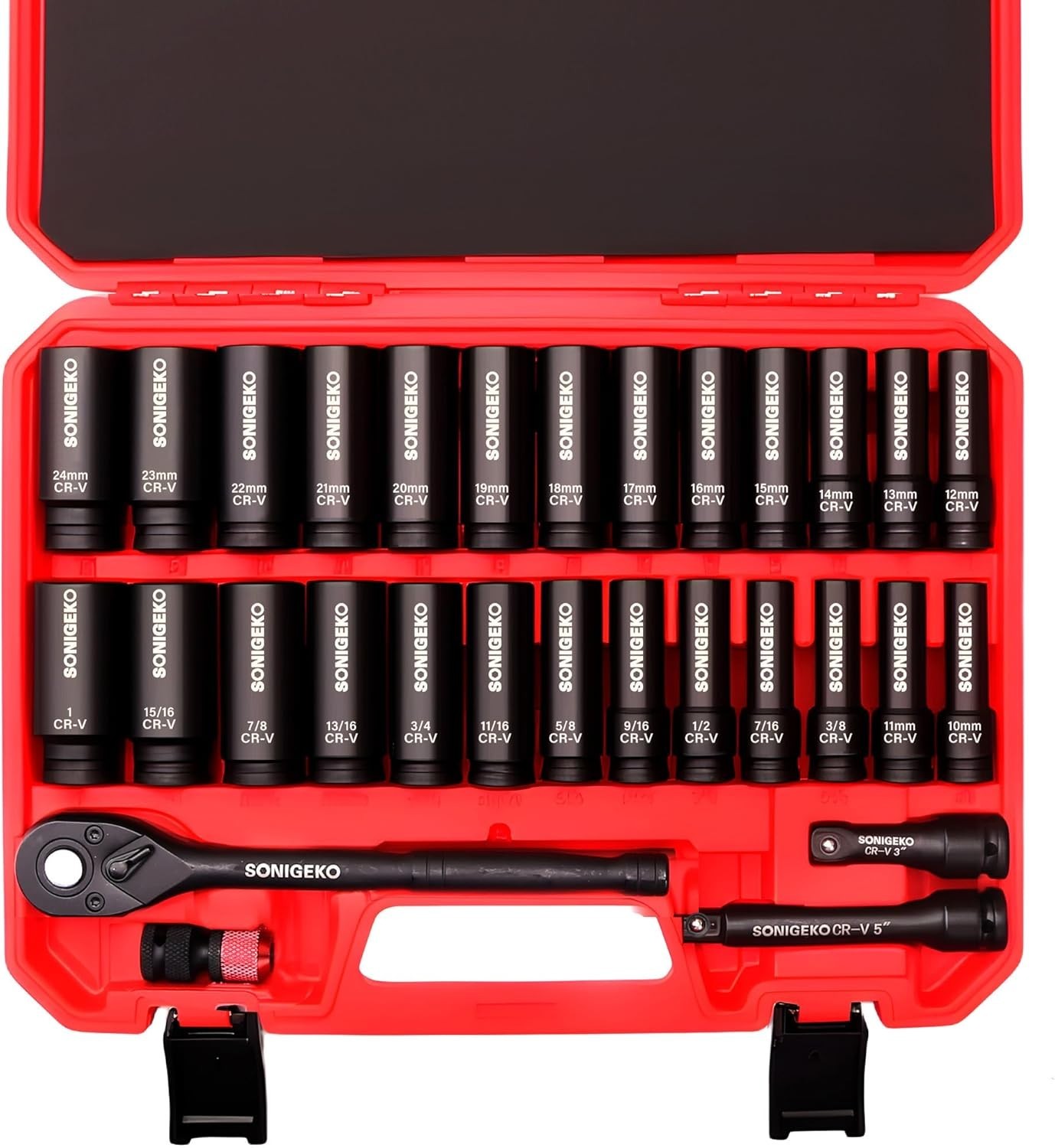 30Pc 1/2″ Drive Impact Socket Set Deep SAE Metric CR-V Extension Bar Ratchet Cas