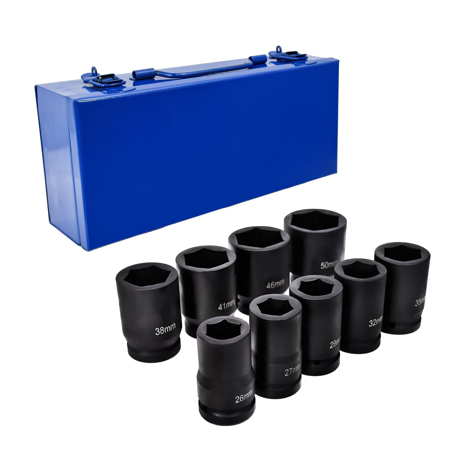 Impact Socket Set: Drive Size 1″, 9 Pieces, 26/27mm,29/32/35/38/41/46/50mm JumBo
