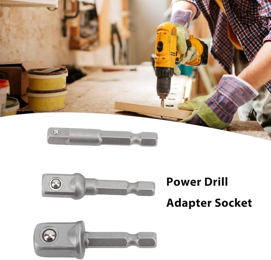 3 Pcs Power Drill Adapter Socket 1/4in 3/8in 1/2in Hex Shank Square Head Drill