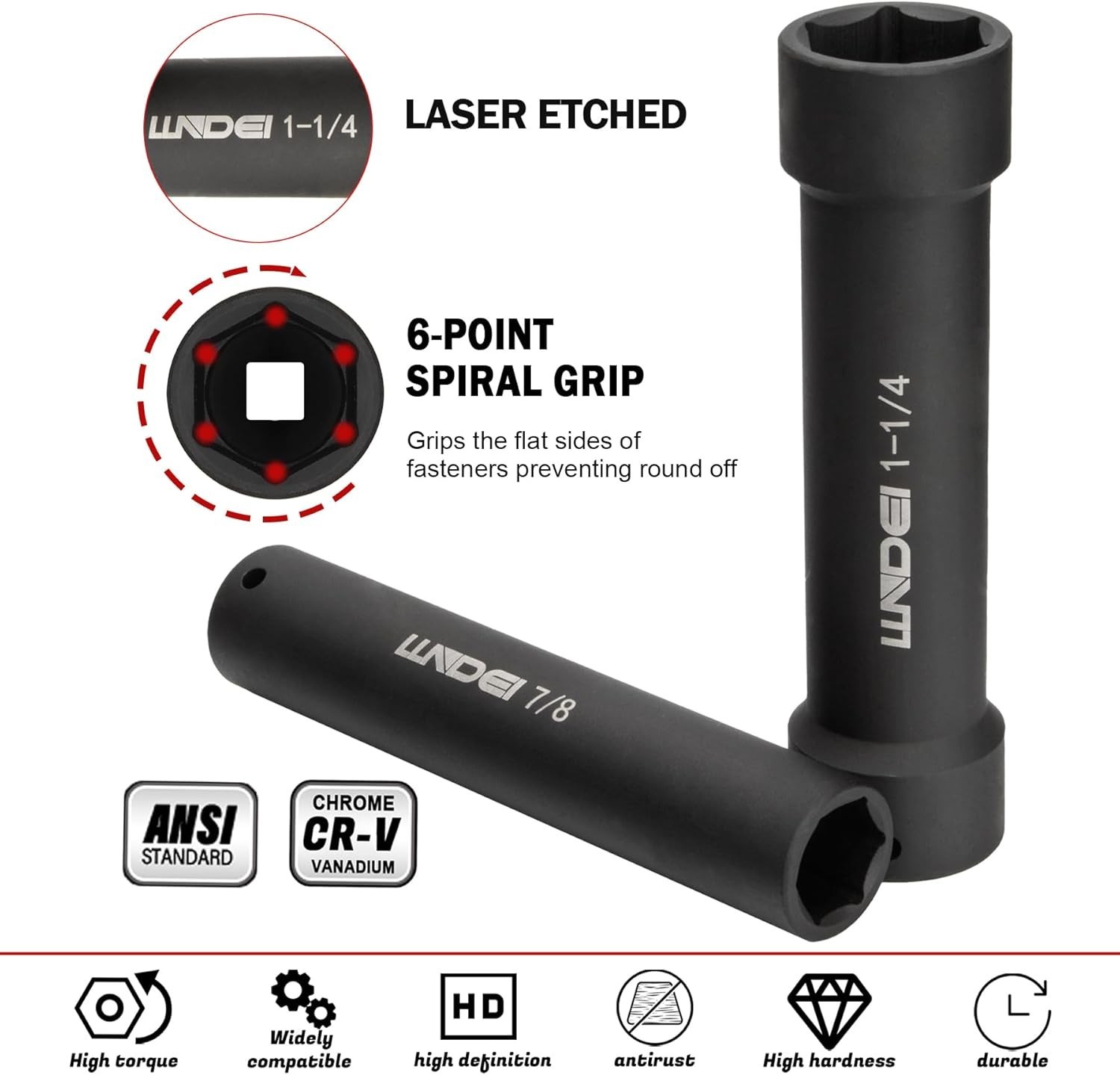 1/2 Inch Drive Extended Length Impact Socket Set 6PCS Extra Deep Socket Set Incl