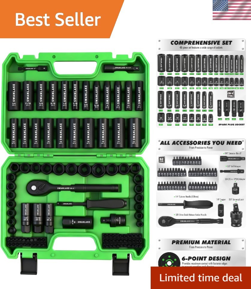 105-Piece 3/8″ Drive Impact Socket Set, SAE 5/16 to 3/4 inch and Metric 8-22m…