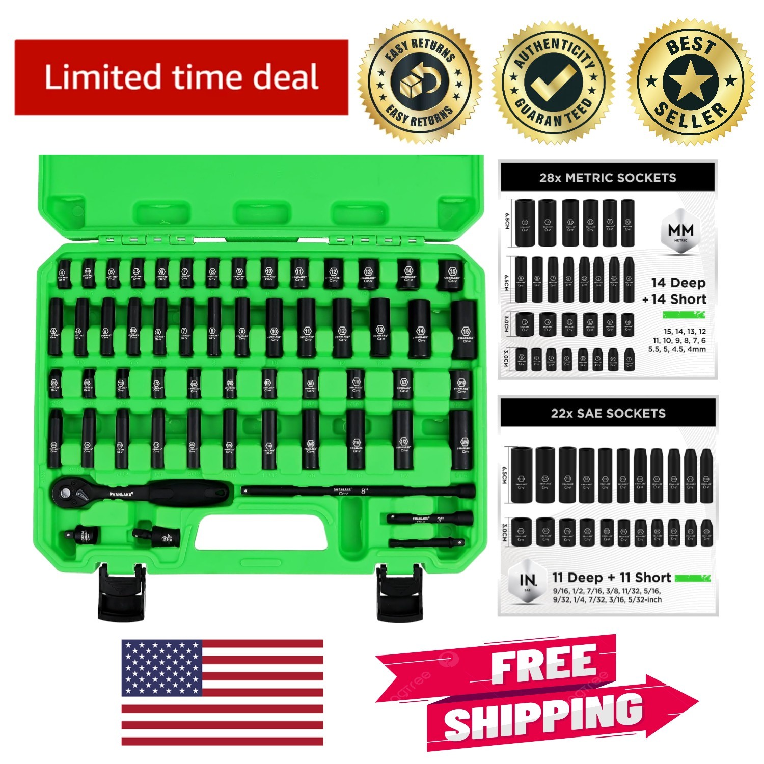 SWANLAKE 1/4″ Drive Impact Socket Set – 56-Pc SAE & Metric – Organized Storage