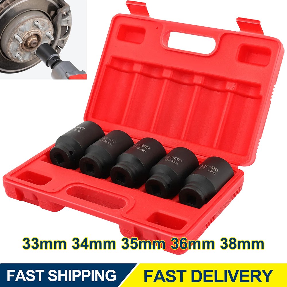 5Pcs 1/2″ Drive Deep Impact Axle Hub Socket Set 6 Point 33mm 34mm 35mm 36mm 38mm