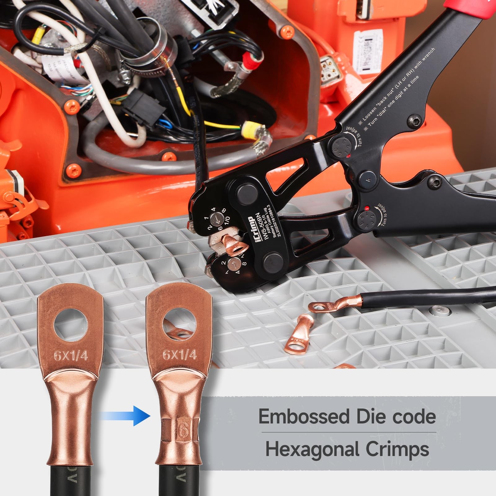 Battery Cable Lug Crimping Tool Kit 8-1/0 AWG 63 Copper Lugs 25 Heat Tubes