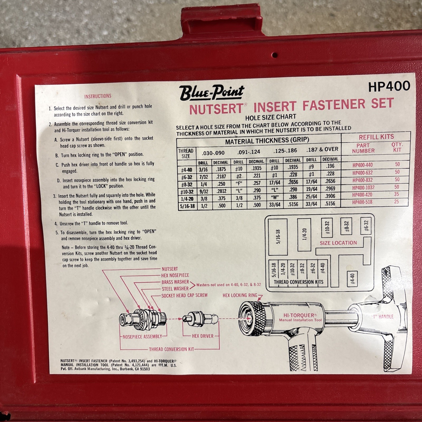 Blue-Point HP 400 Nutsert Insert Fastener Set with case.