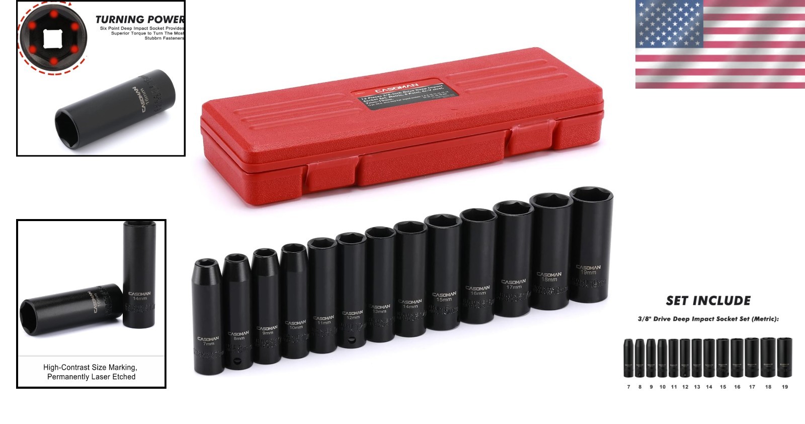 Heavy Duty 13-Piece 3/8-Inch Chrome Vanadium Impact Socket Set with Black Finish