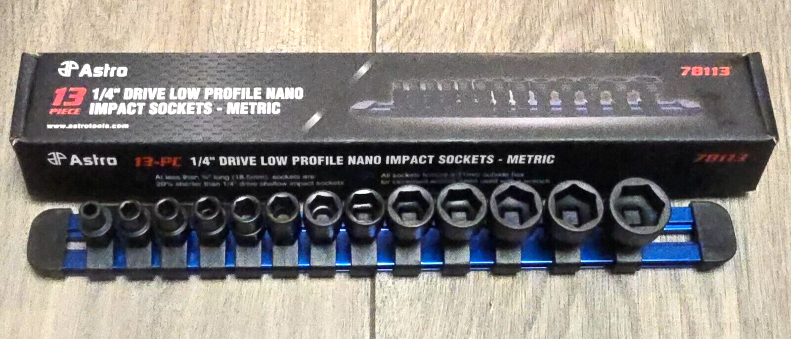 Astro 1/4″ dr 13pc Metric Low Profile Stubby Nano Impact socket Set w/Rail 78113