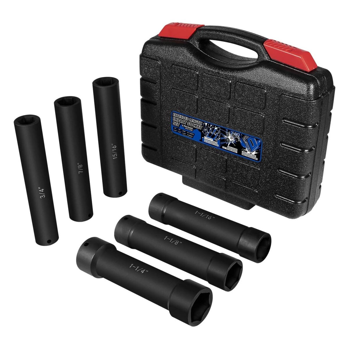 1/2 Inch Drive Extended Length Impact Socket Set 6 Sizes Heavy Duty with Case