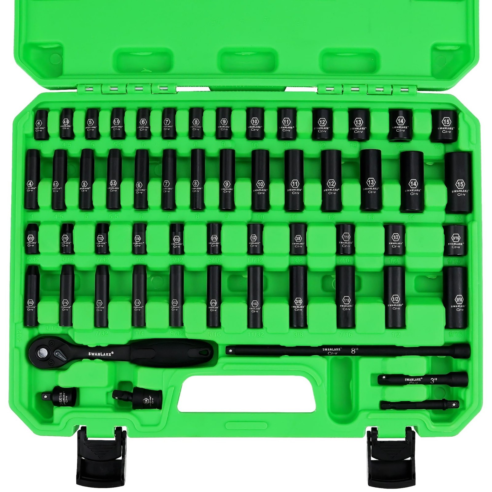 56-Piece Impact Socket Set 1/4″ Drive – SAE & Metric, 6 Point, Cr-V, Ratchet & E