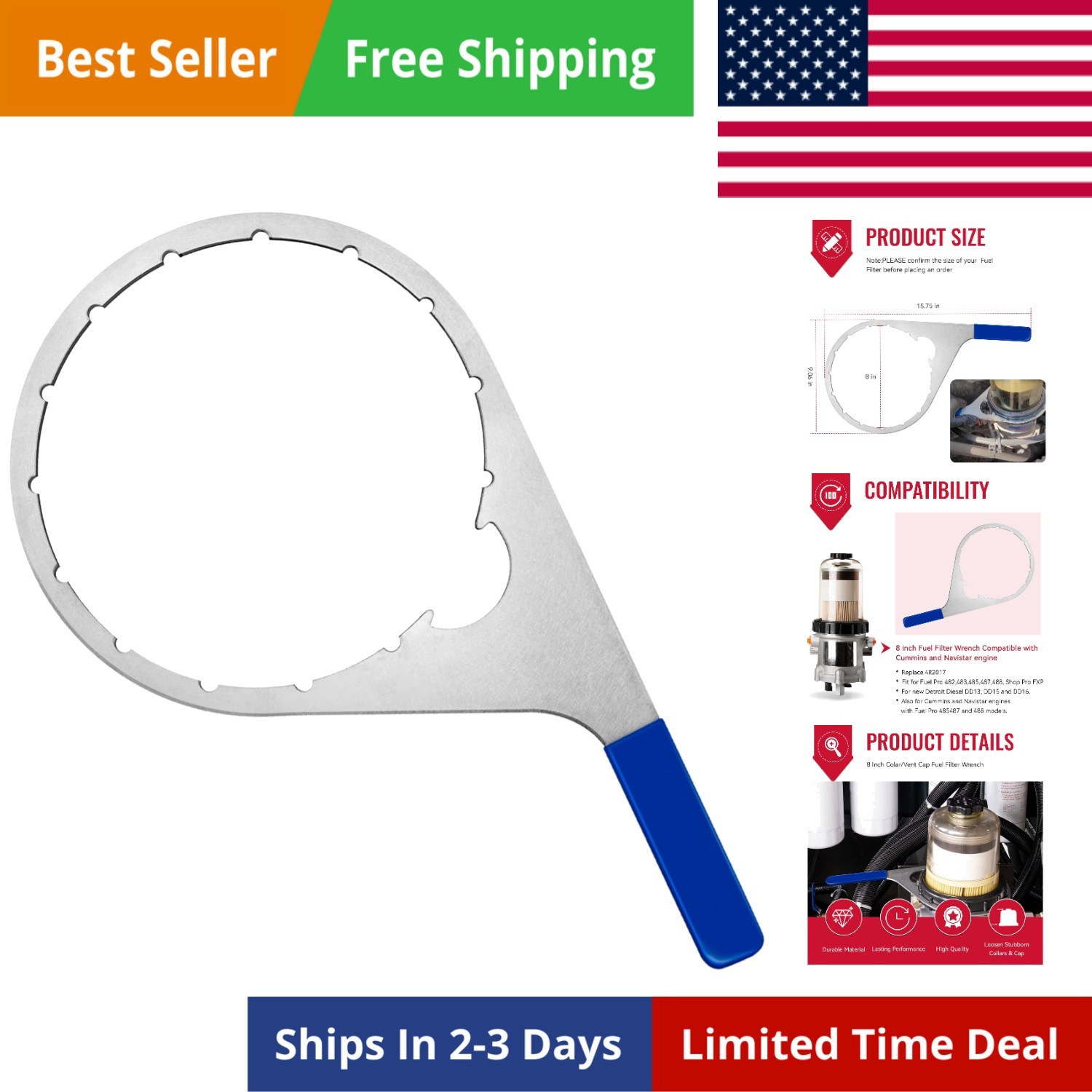 Professional 8″ Fuel Filter Wrench for Detroit Diesel – Effortless Performance