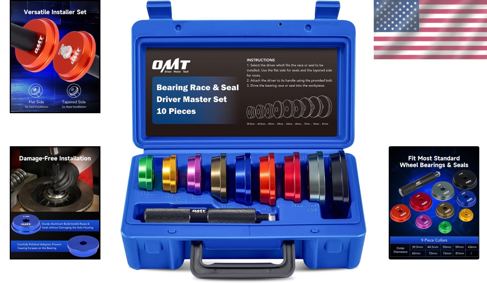 10pc Bearing Race and Seal Driver Set with Adapters for Bearing Installation