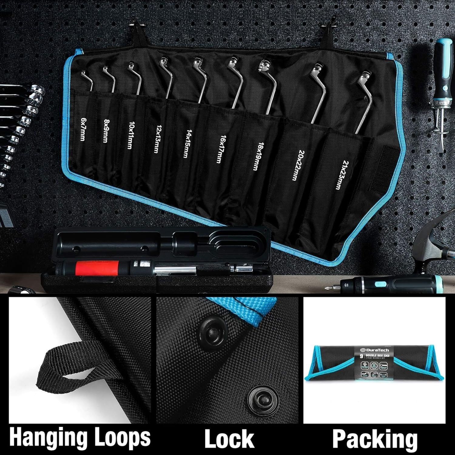 Professional Offset Box Wrench Set, 9-Piece Metric, 6-23mm, with Rolling Pouch
