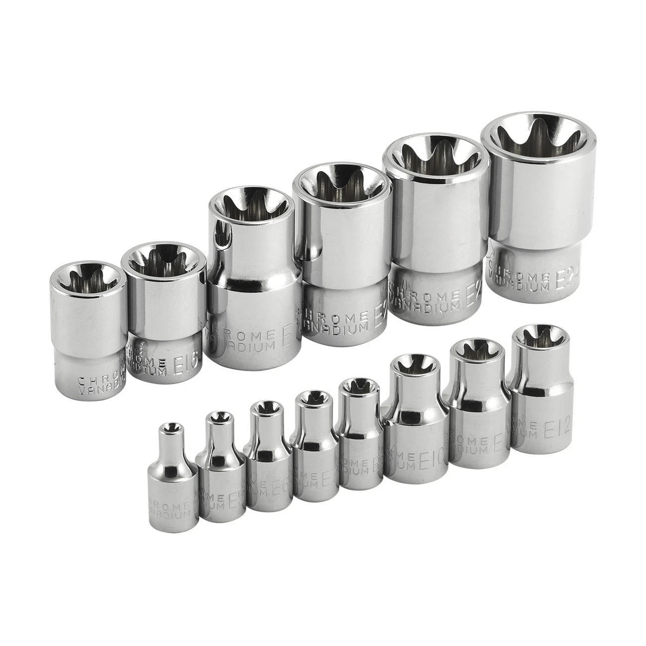 14 Pc Female Torx Socket Set E4–E24 1/4″, 3/8″, 1/2″ Drive External Star Sockets
