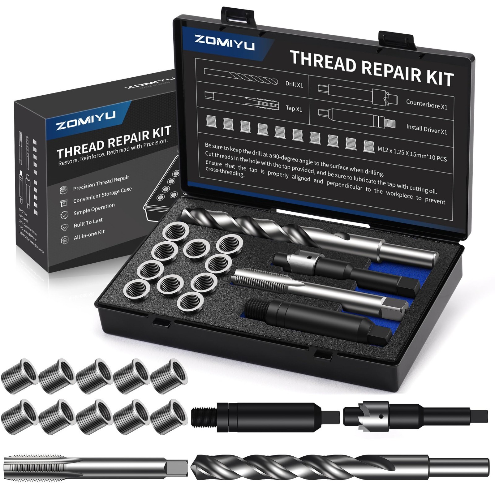 M12x1.25 Metric Thread Repair Kit – HSS Drill, Tap, Counterbore & 10 Inserts