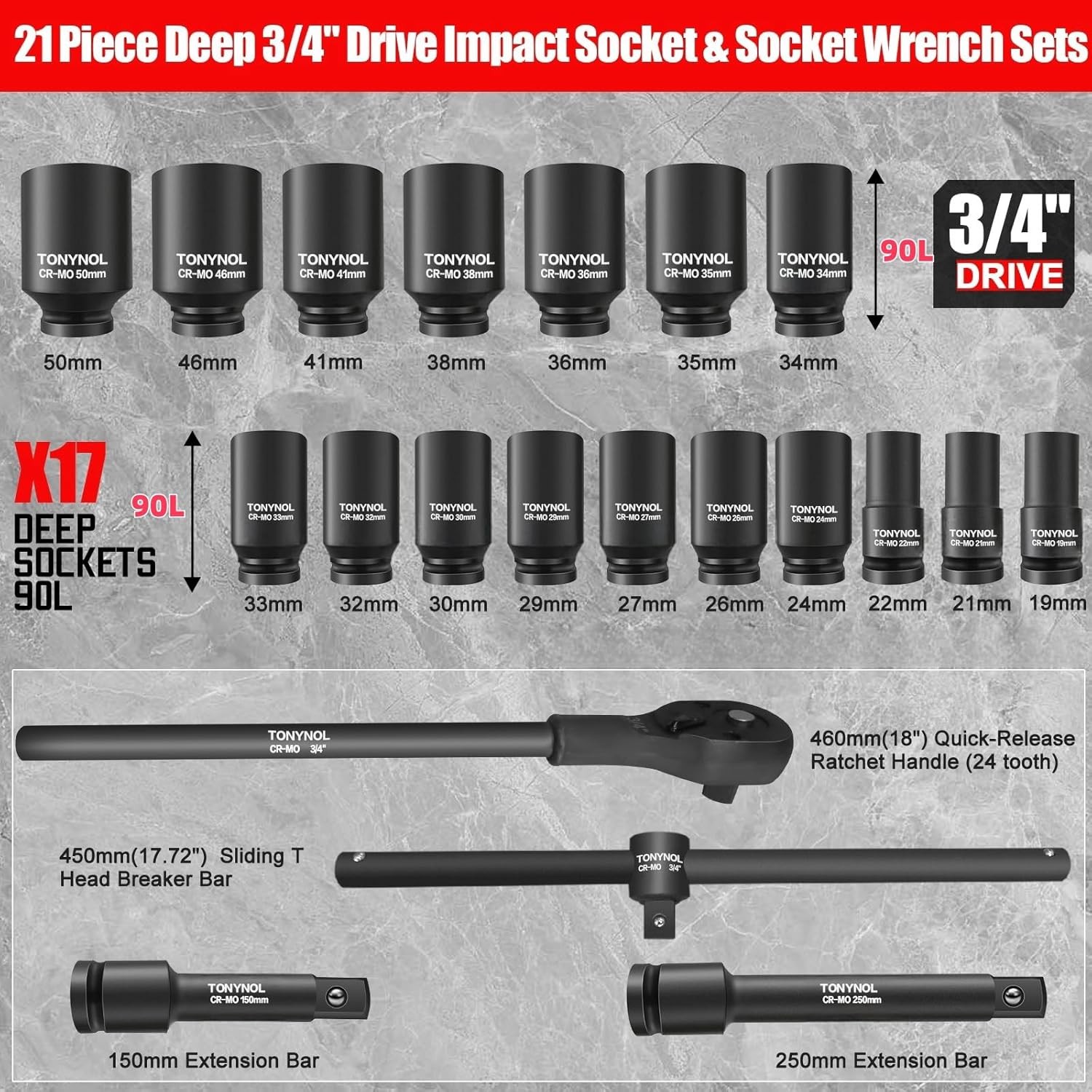 3/4 Inch Drive Deep Impact Socket Set, 21 Pieces, 6 Point, Metric Sizes Black