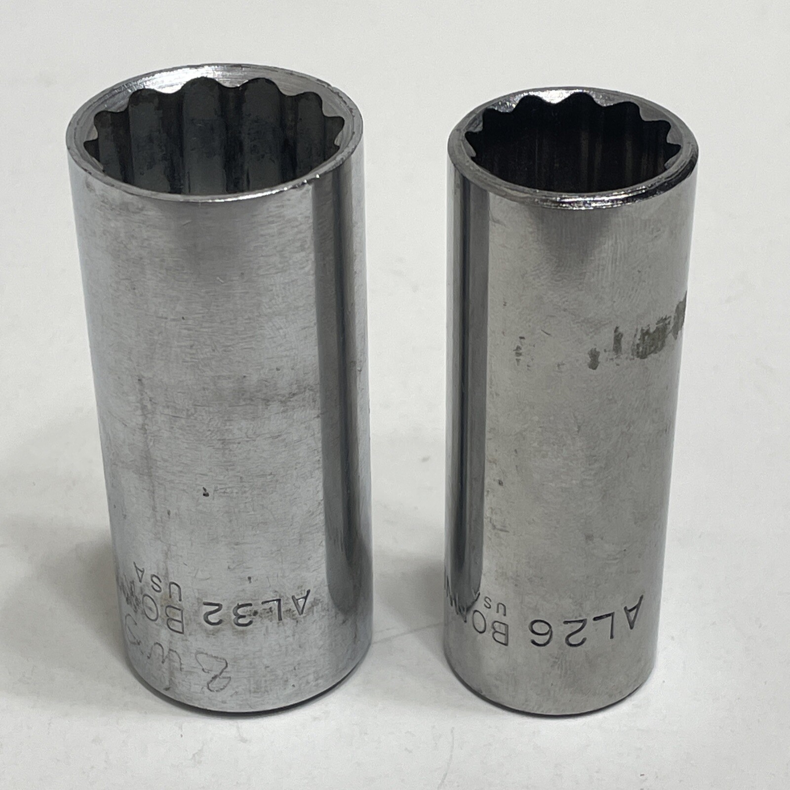 Lot of 2 Bonney Deep Socket 1/2″ drive 13/16” & 1” AL26 AL32 VTG Chrome USA