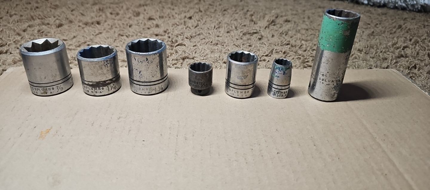 Lot of 7 Vintage Plvmb Plomb Sockets 7/8, 1-1/16, 1-1/8, 1/2