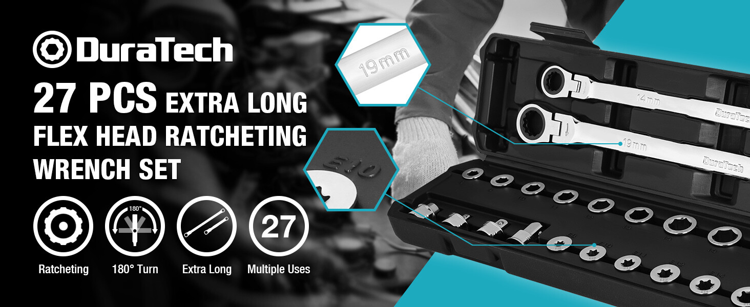 DURATECH 27PCS Extra Long Flex Head Ratcheting Wrench Set Double Box End 8-22mm