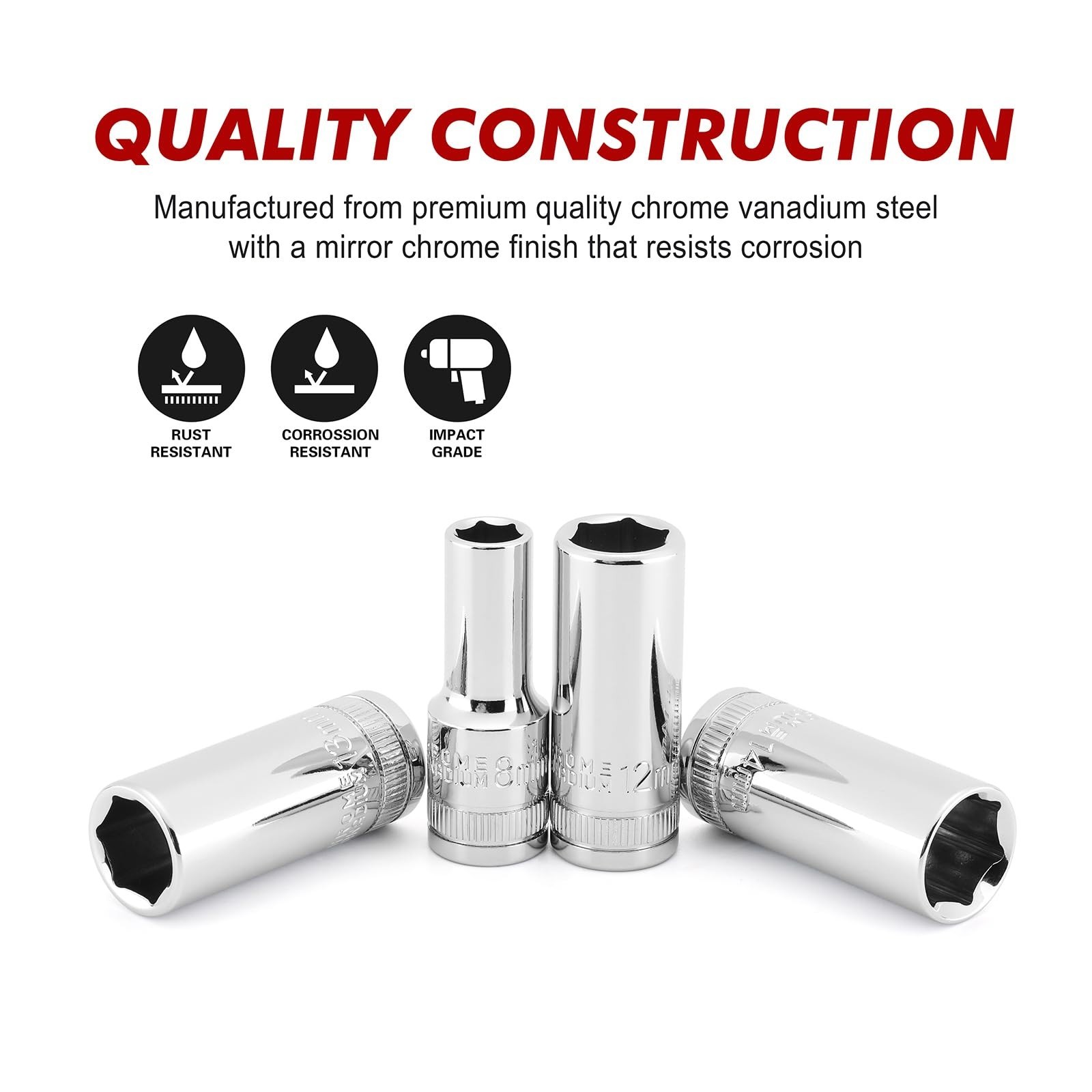 14PCS 3/8″ Drive Mid-Length Metric Socket Set 6-19mm, 6 Pt, Chrome Finish