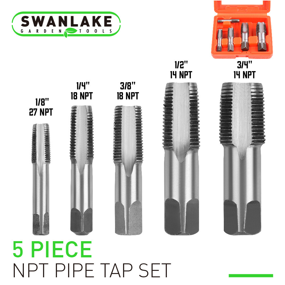 5 Piece 18 / 14 NPT Pipe Tap Set 1/8″ 1/4″ 3/8″ 1/2″ 3/4″ Carbon Steel With Case