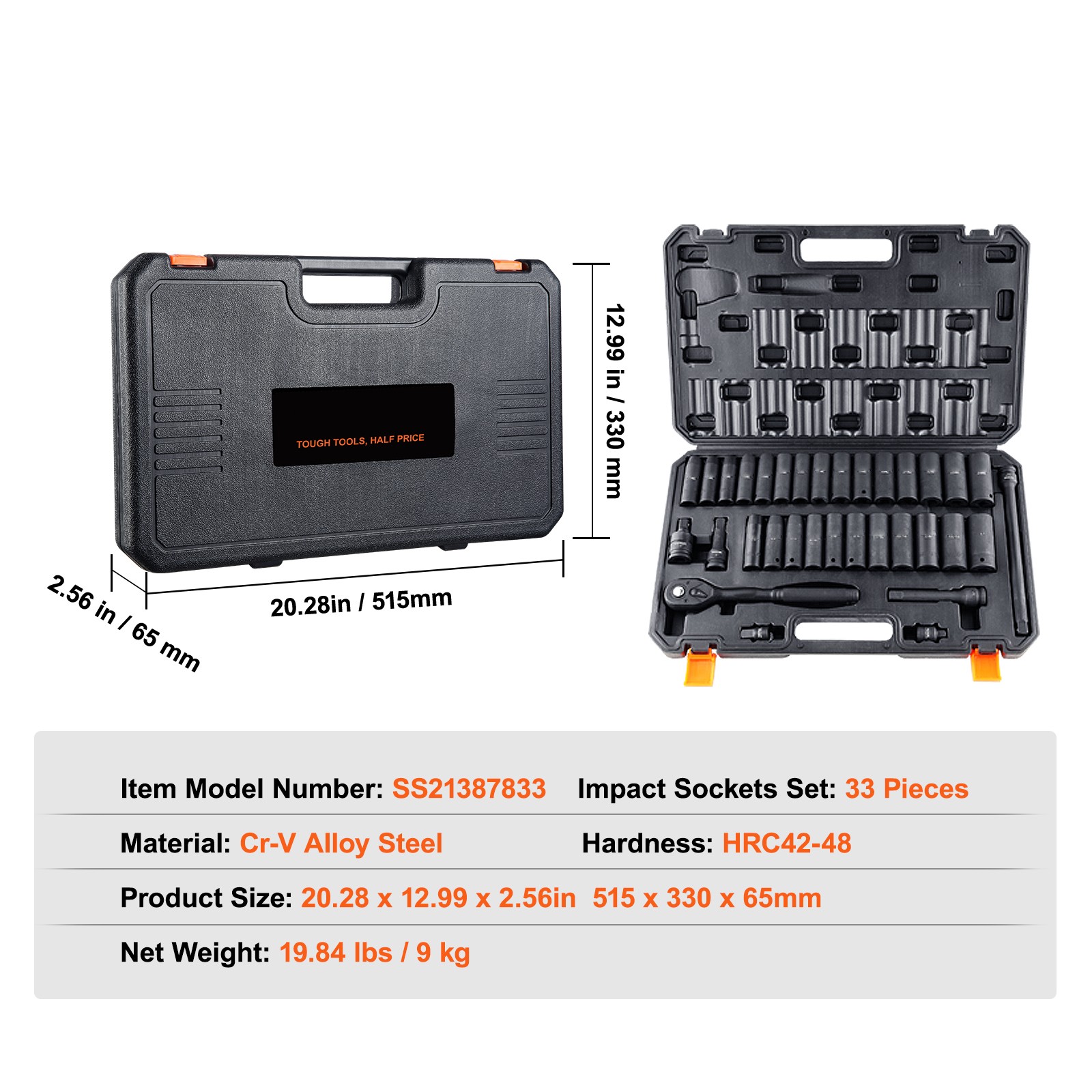 Uimoso 33-Piece 6-Point Impact Socket Set with 1/2in Drive and Case