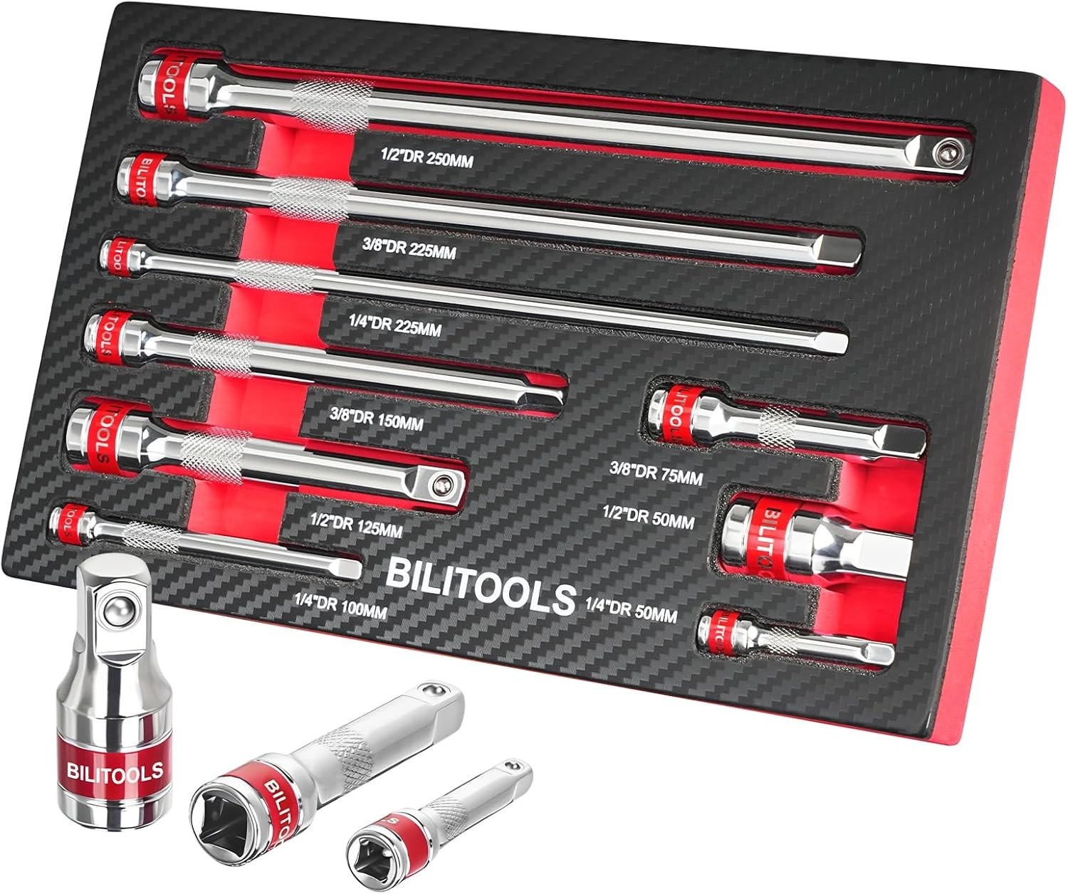 9 PCS Ratchet Extension Set 1/4″ 3/8″ 1/2″ Drive CR-V Steel EVA Foam Tray