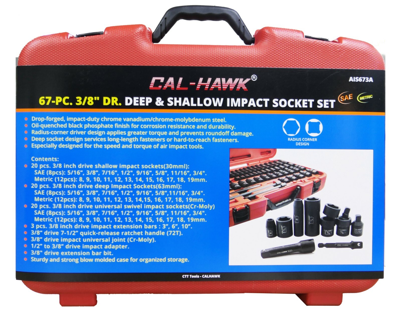 67 PC 3/8″ Dr SAE & Metric Deep & Shallow CR-Moly Impact Socket Adaptor Reducer