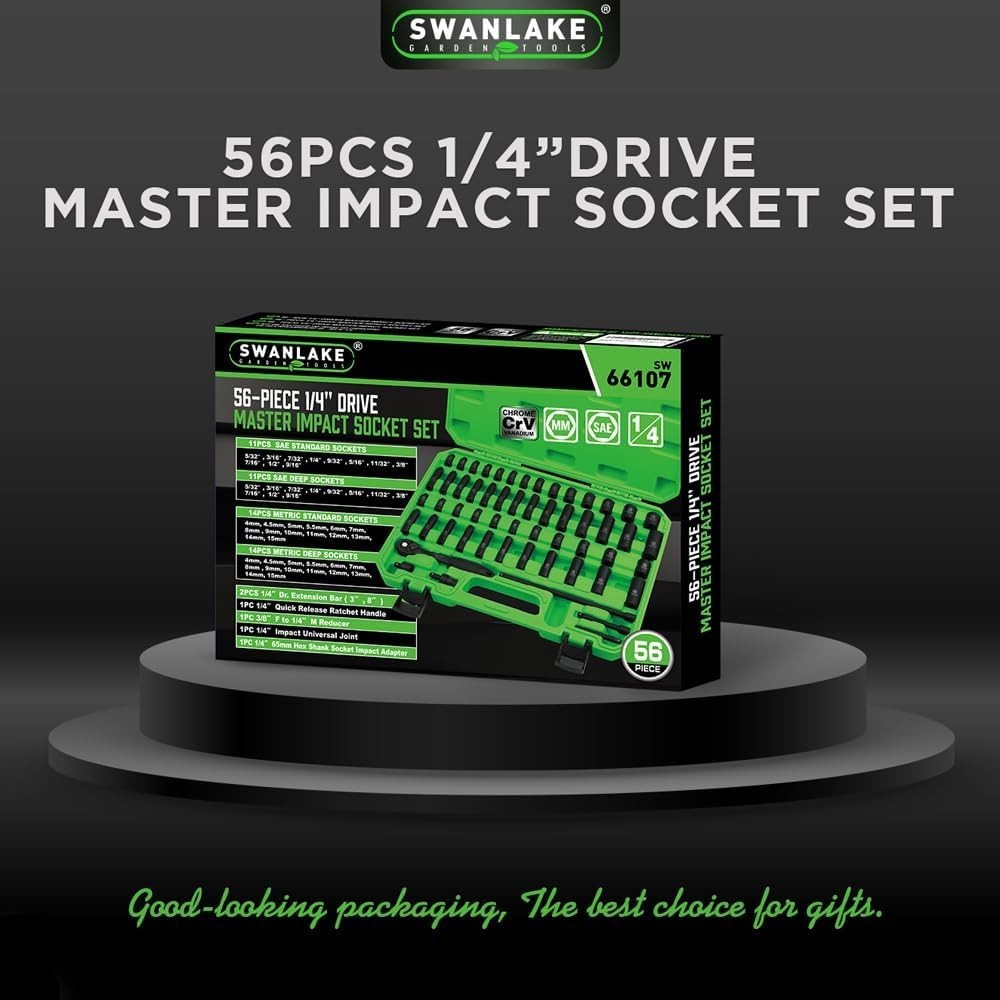 Impact Socket Set 56-Piece Chrome Vanadium Steel SAE and Metric 1/4″ Drive