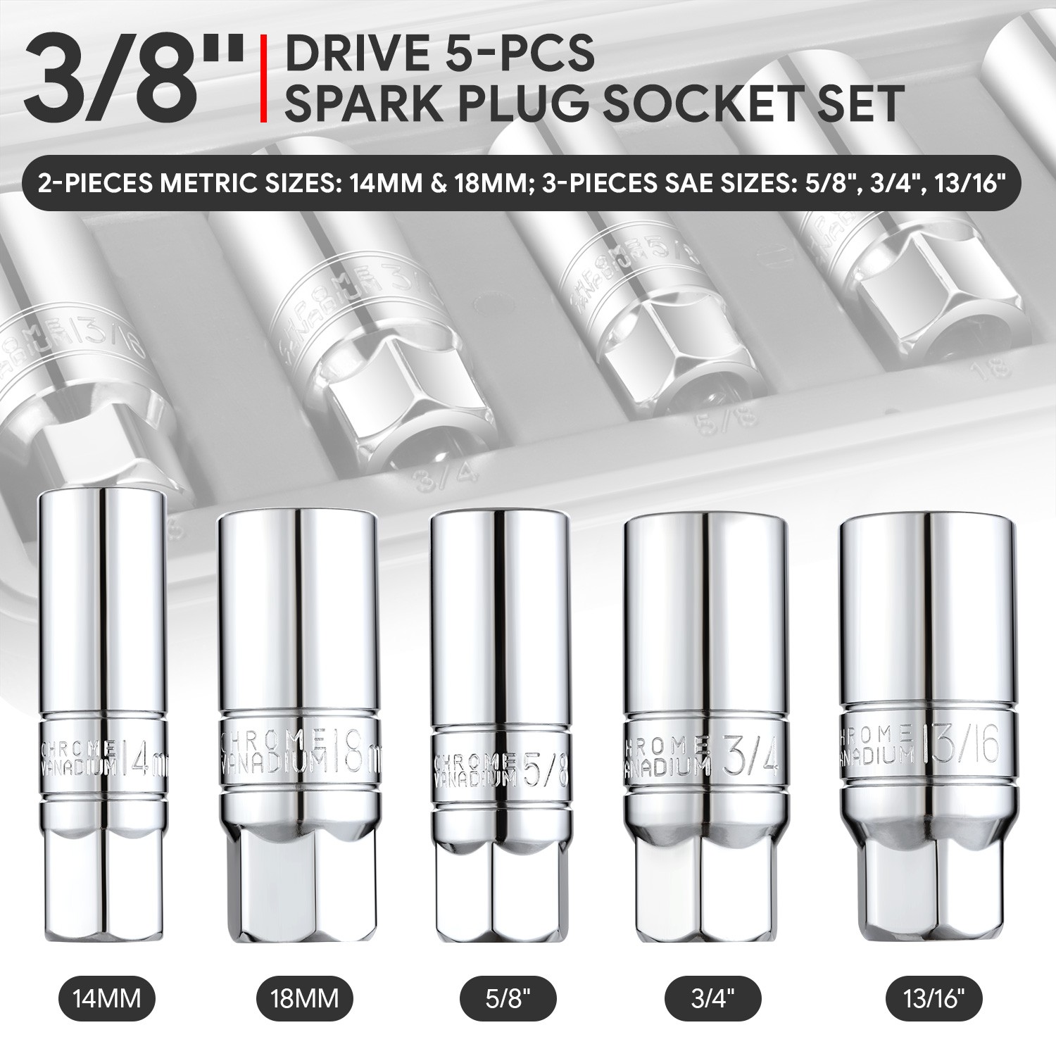 3/8″ SAE Metric Drive 6-Point Spark Plug Impact Socket Set w/ Storage Case 5Pack