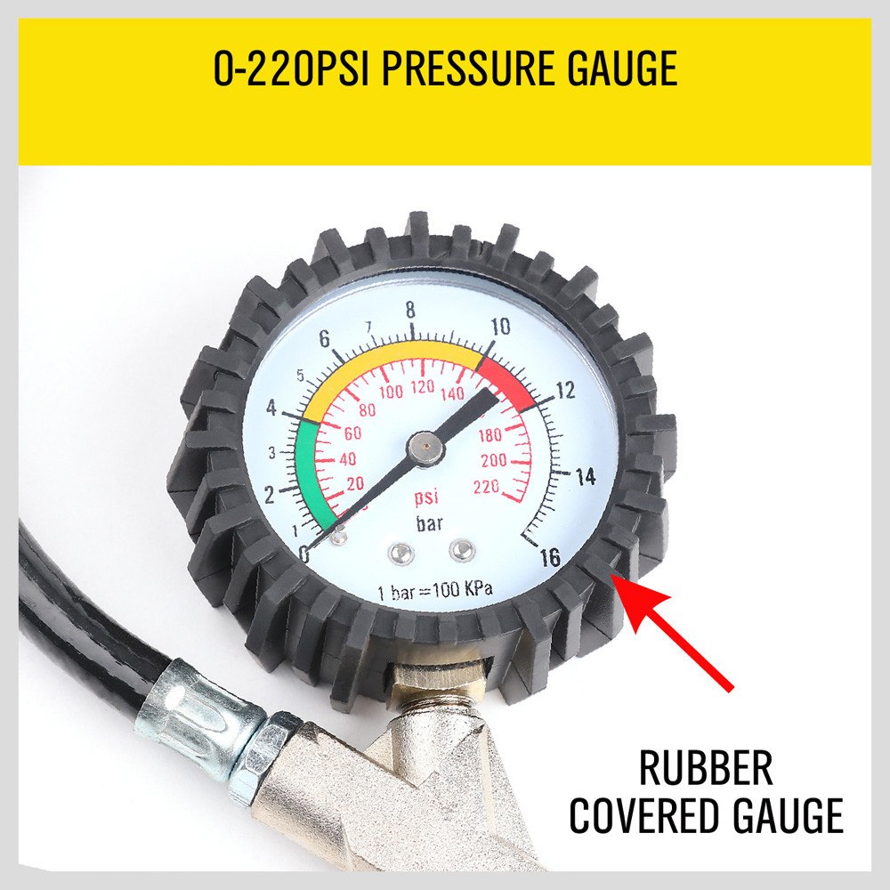 Dial Tire Inflator Gauge Flexible Hose 220 PSI Pistol Style Air Chuck Pneumatic