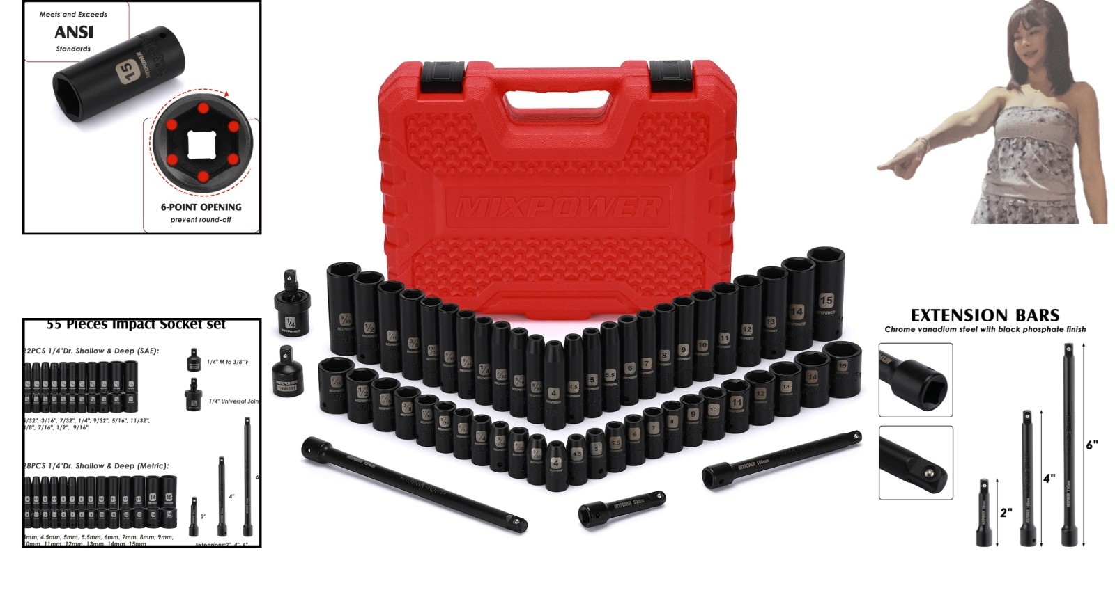 Versatile Impact Socket Set – 55 Pieces, 1/4″ Drive, SAE/Metric Sizes Included