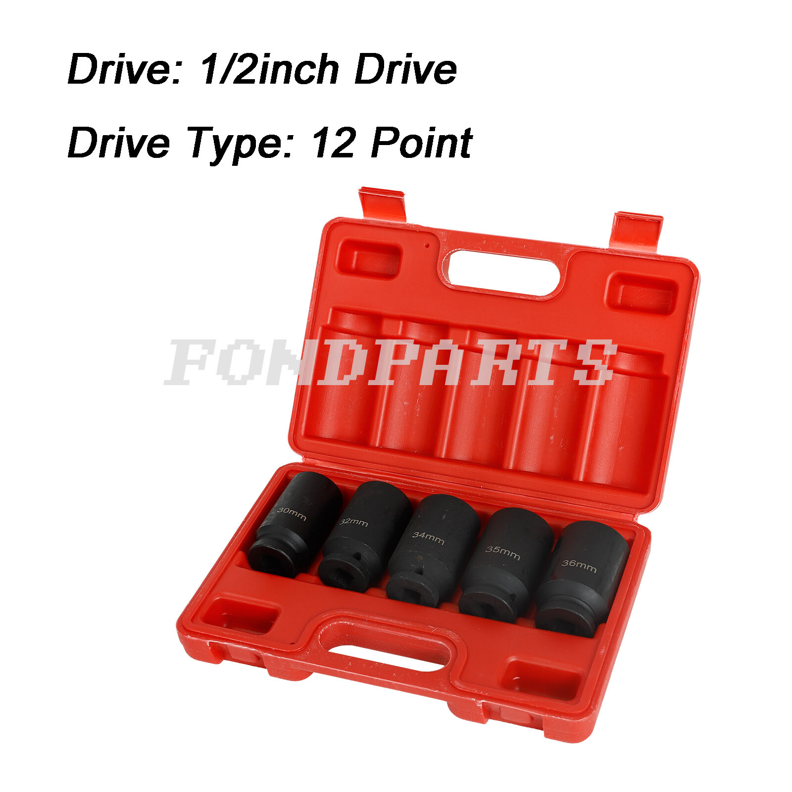 5pcs 12 Point Metric 1/2» Deep Spindle Axle Nut Socket Set 30 32 34 35 36mm