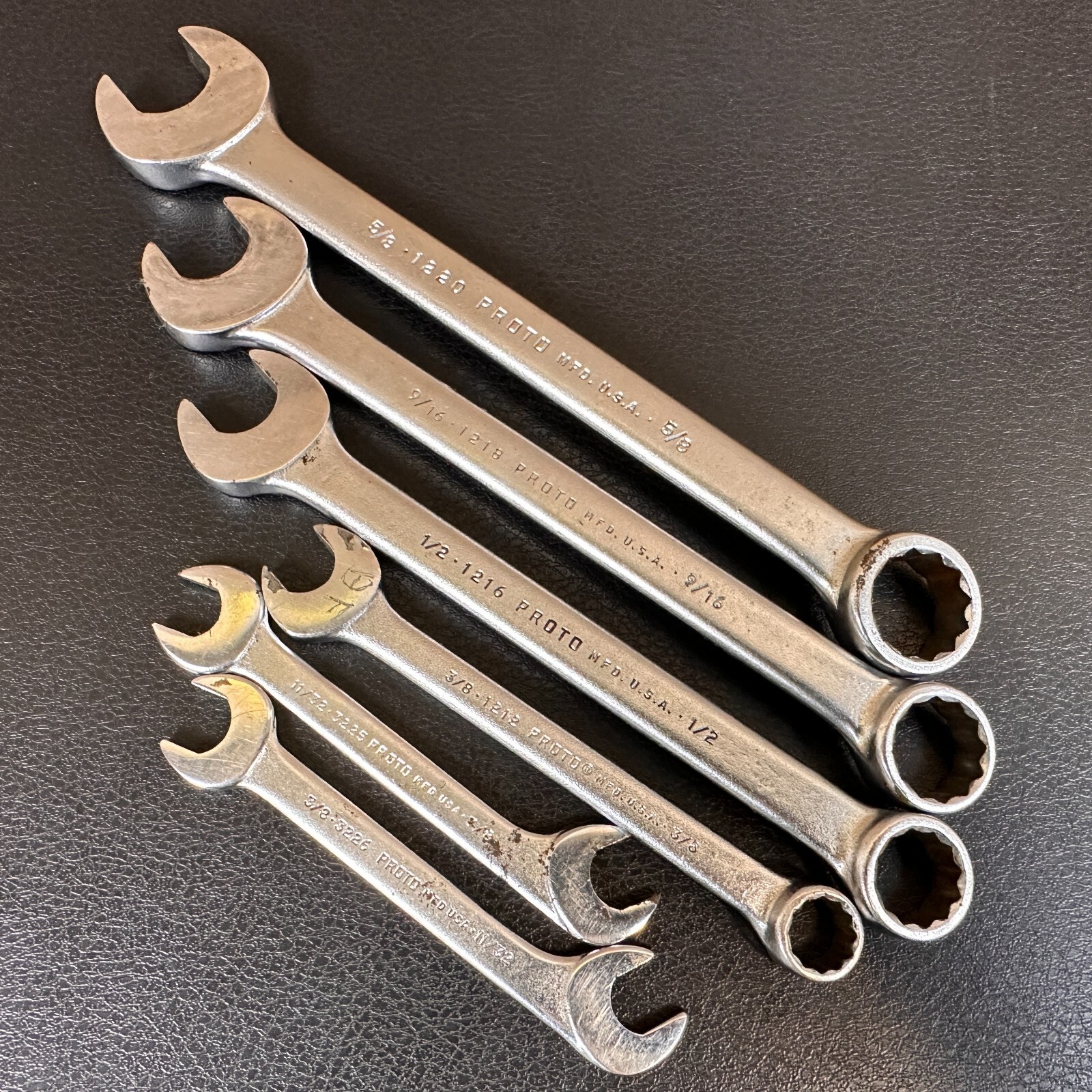 Vintage 1960 PROTO MFD USA Combination Wrench Set SAE 1212, 1216, 1218, 1220 6pc