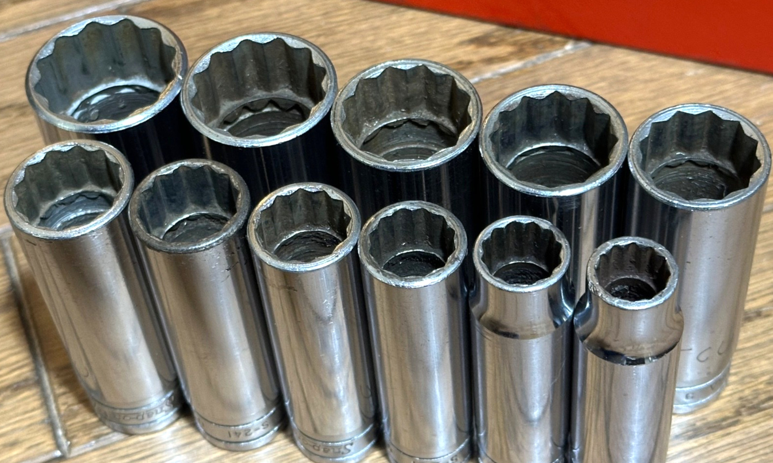 🇺🇸 Snap On Tools 1/2″ DEEP SAE 1/2″- 1-1/8″ Socket Set Lot 12-PT Red Tray USA