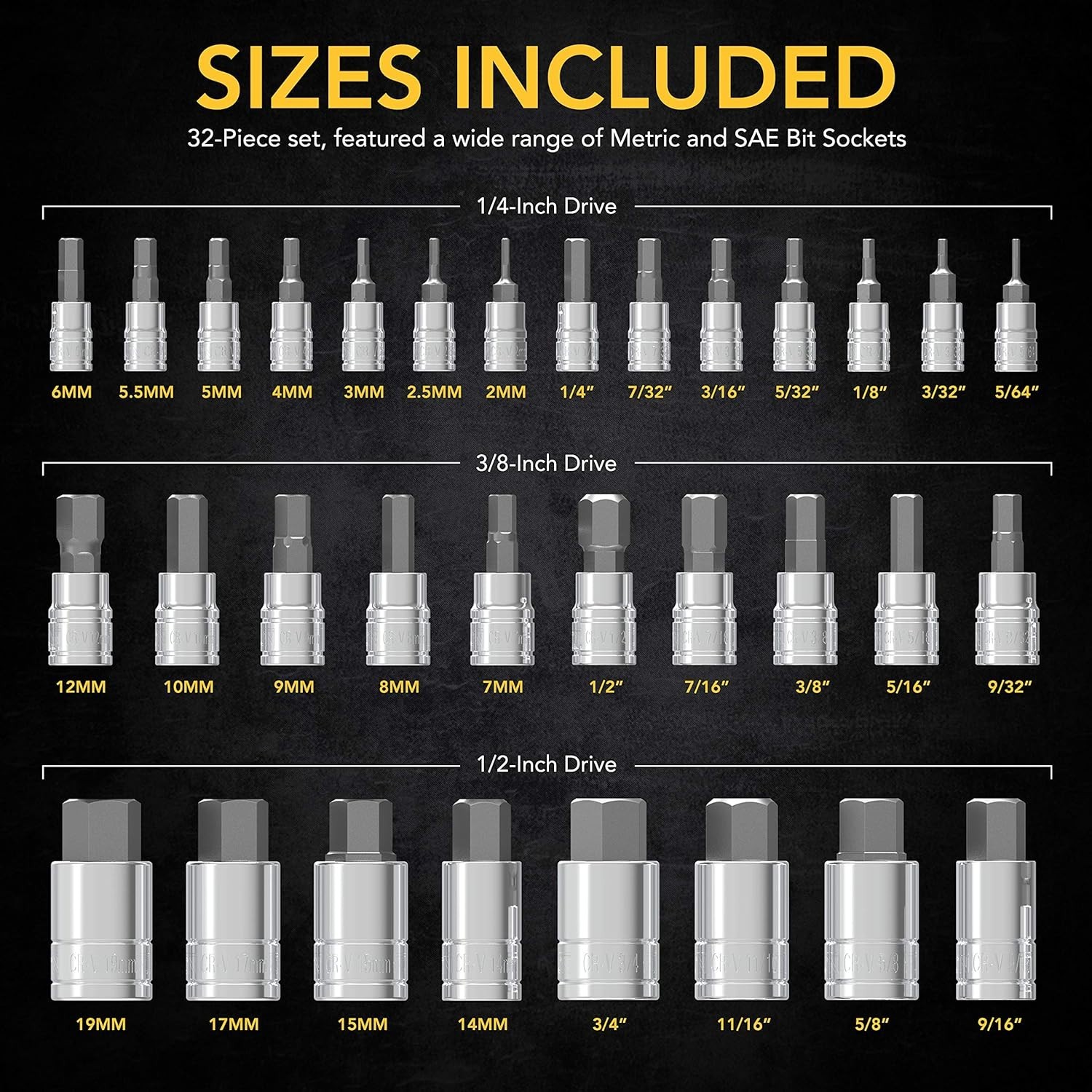 32-Piece S2 Alloy HEX Bit Socket Set with Storage Case for Professionals