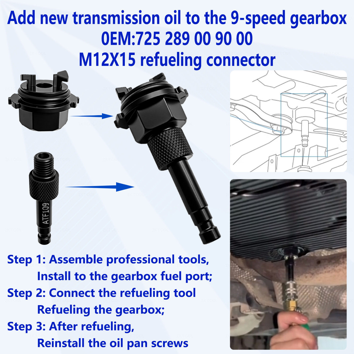 Metal oil change and filler tool for Mercedes Benz 725.0 9-speed Transmission
