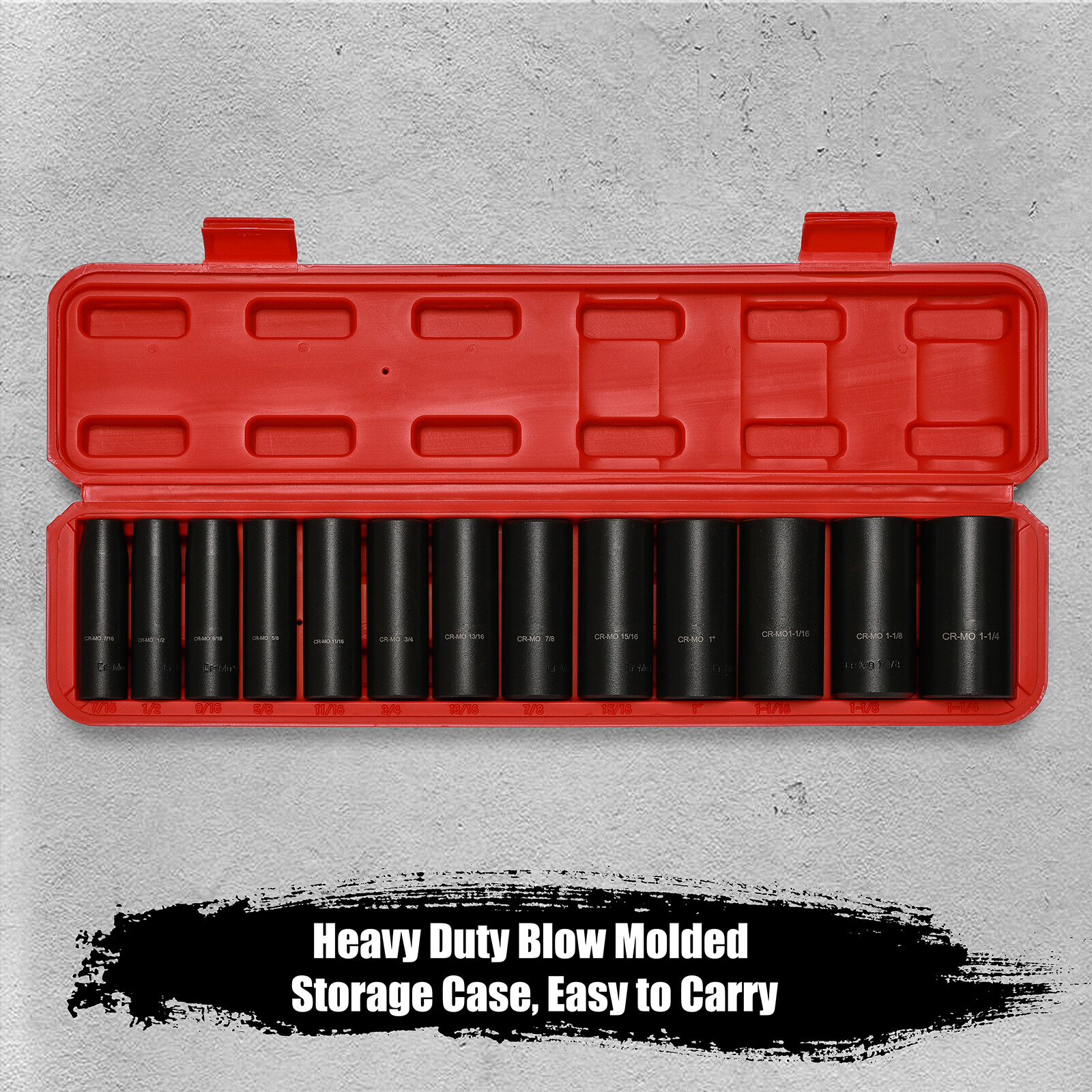 13 PCS 1/2″ Drive Deep Impact Socket Set 7/16″-1-1/4″ CR-MO, SAE, Heavy Duty