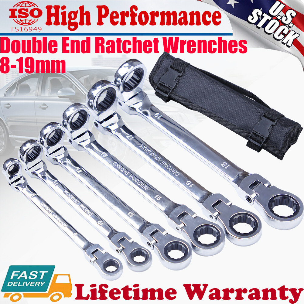 6PC NEW Flex-Head Double Box End Ratcheting Wrenches Extra Long Metric Universal