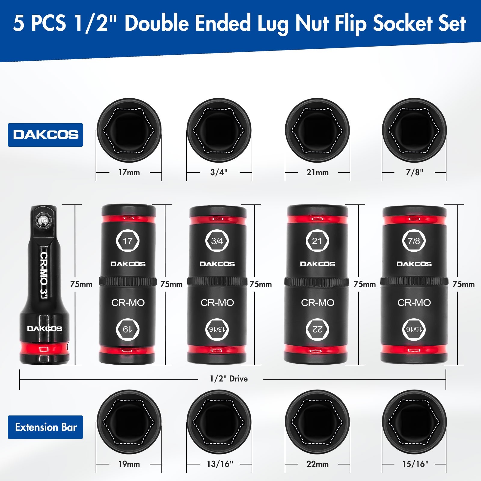 DAKCOS 1/2″ Drive Impact Lug Nut Socket Set, Double End, with 3″ Extension Bar