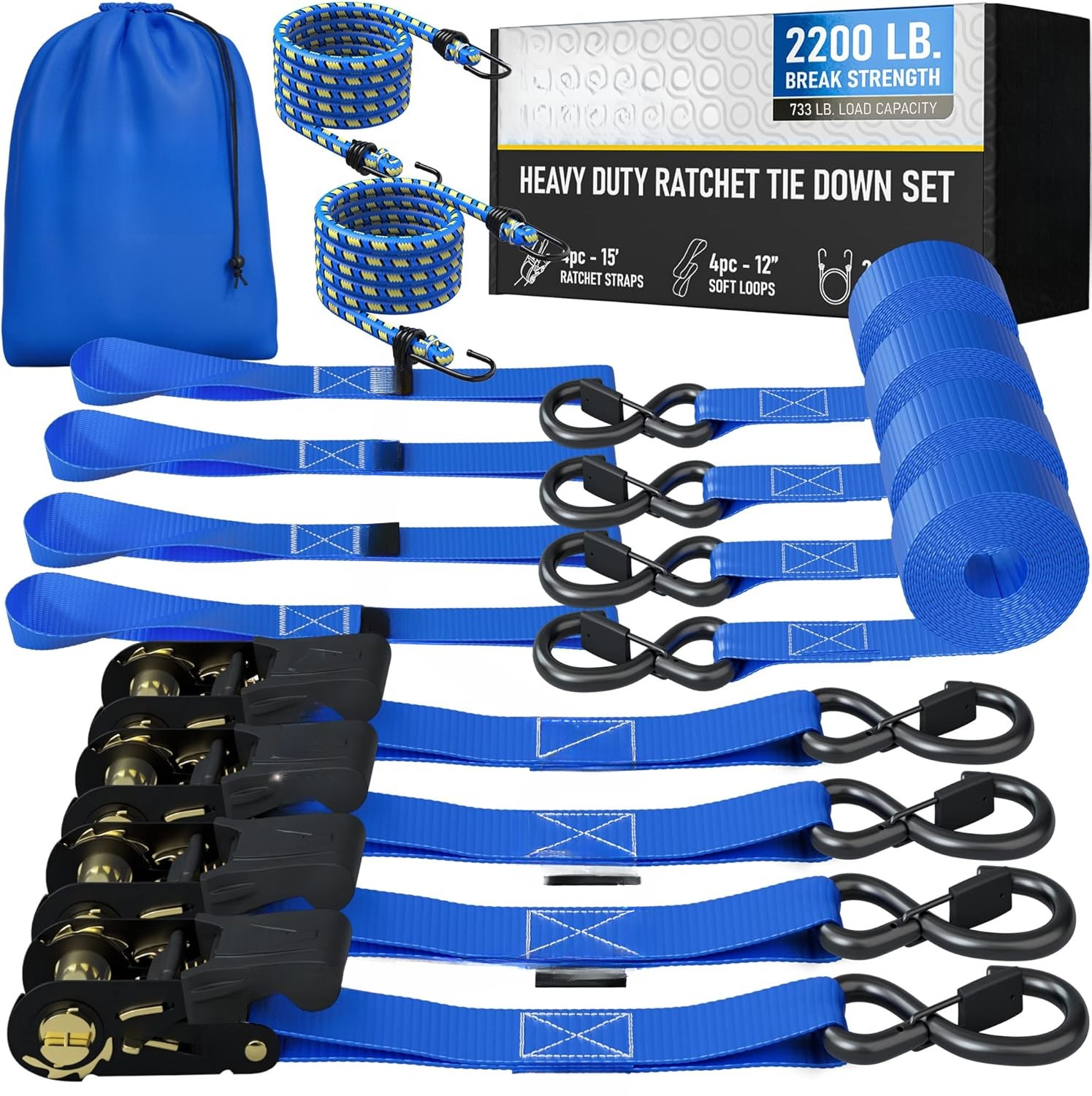 Heavy Duty Ratchet Straps 4 Pack 15 ft.-2200LB Fracture Force Strap Safety Locks
