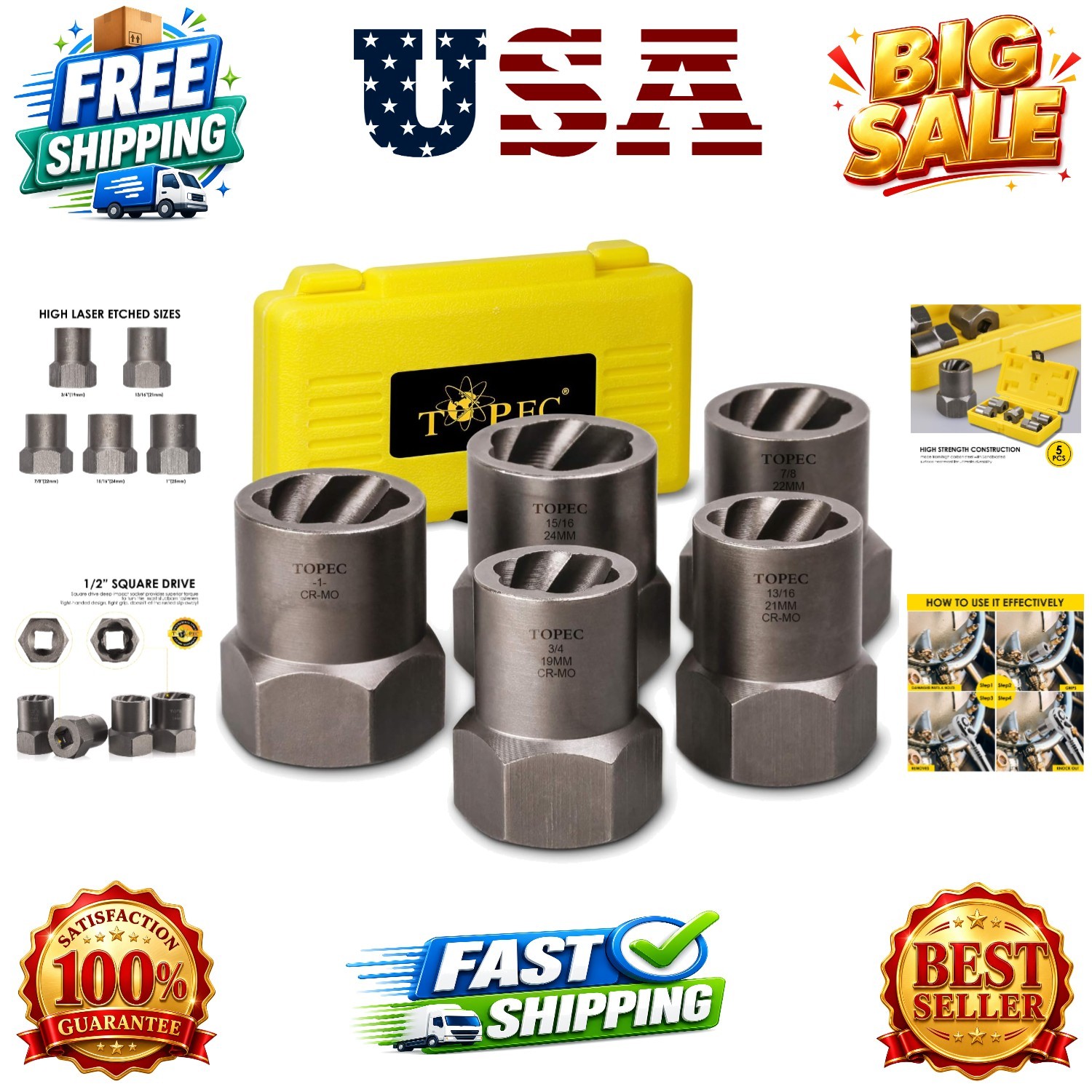 5-Piece Heavy Duty Bolt Remover Set, 1/2″ Drive Impact Extractor Set, Perfect…