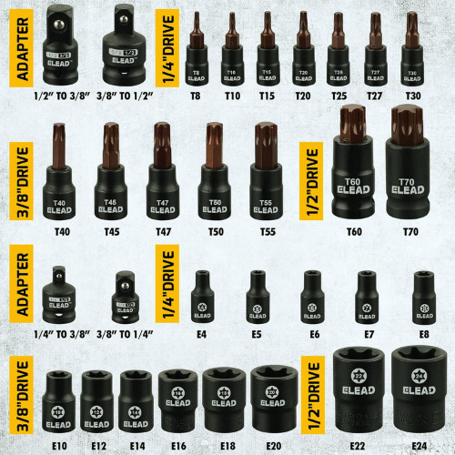 31PC Torx Bit Socket Set T8-T70 & E-Torx E4-E24 S2 Alloy Steel Star Premium CR-V