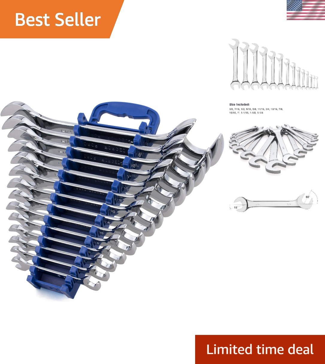 14-Piece Angle Head Open End Wrench Set, Chrome Vanadium Steel, Inch Sizes & Rac