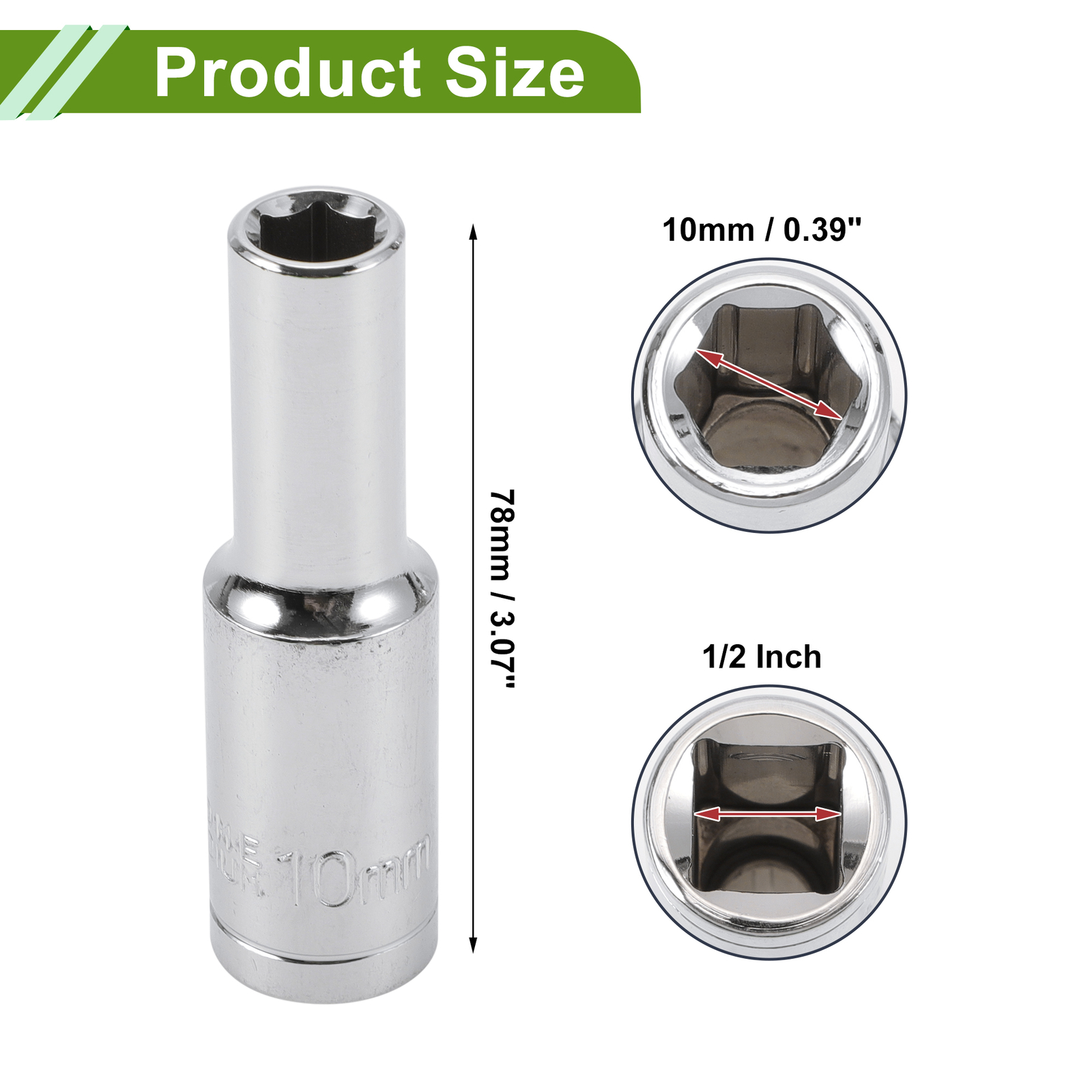 Universal 1/2 Inch Drive Impact Socket 10mm 6 Point Chrome Vanadium Steel 78mm